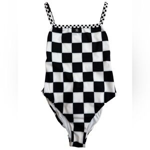 Chanel 23C Black White Checker Crystal CC Logo One Piece Swimsuit Bathingsuit 36